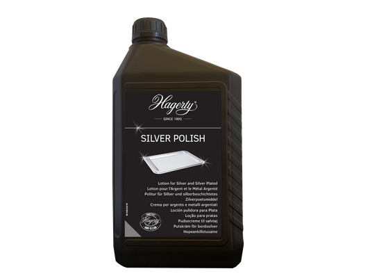 Hagerty Silver polish 2-liter bottle for cleaning and restoring silverware, with a clear label and silver polish inside.