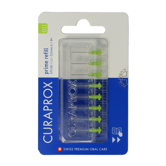 Curaprox CPS 011 prime rager navulling pack with 8 disposable interdental brushes for effective dental cleaning.