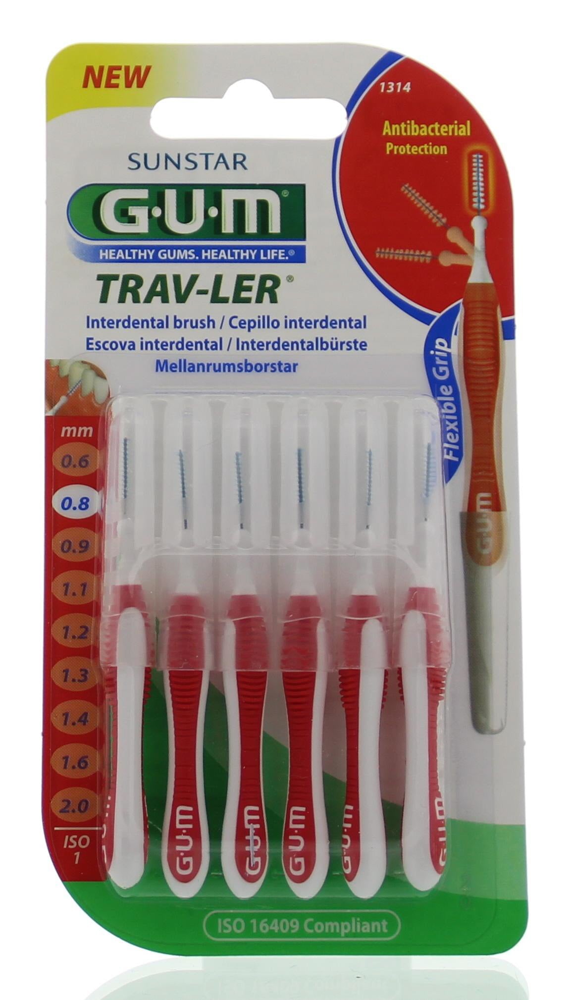 GUM Trav-ler rager 0.8mm red dental pick and flossers, pack of 6 for interdental cleaning and plaque removal.