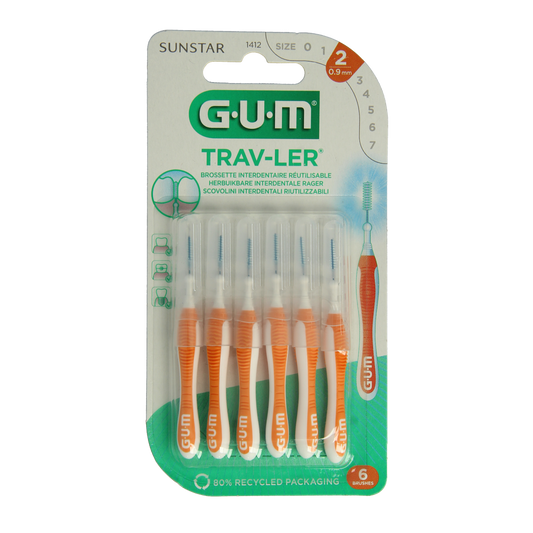 GUM Trav-ler rager 0.9 mm orange pack of 6, dental cleaning tool for interdental spaces and gum health.