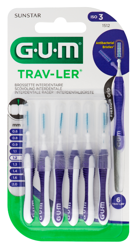 GUM Trav-ler ragers 1.2 mm paars for oral hygiene, 6-pack, designed for interdental cleaning and floss control.