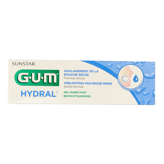 GUM Hydral bevochtigingsgel tube for oral hygiene, 50ml, shown in a close-up image for dental care and tooth brushing control.