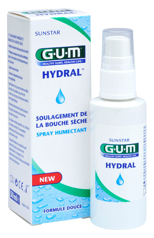 GUM Hydral mouth moisturizing spray 50ml for oral hygiene and teeth cleaning, in a small, clear spray bottle.