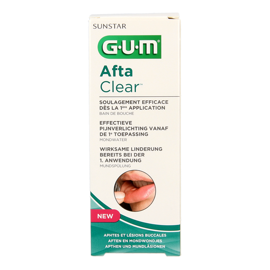 GUM Aftaclear mouthwash in a 120ml bottle, soothing mouth rinse for oral health and fresh breath, shown in the image.