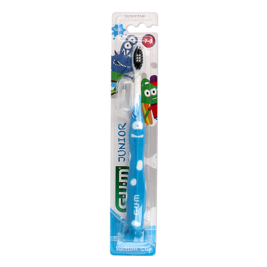 GUM Junior 6+ toothbrush for children, featuring soft bristles and colorful handle, designed for ages 6 and up.