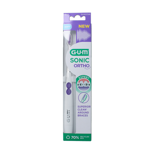 GUM Sonic ortho battery toothbrush with replaceable head, designed for orthodontic dental cleaning, close-up view of the toothbrush.