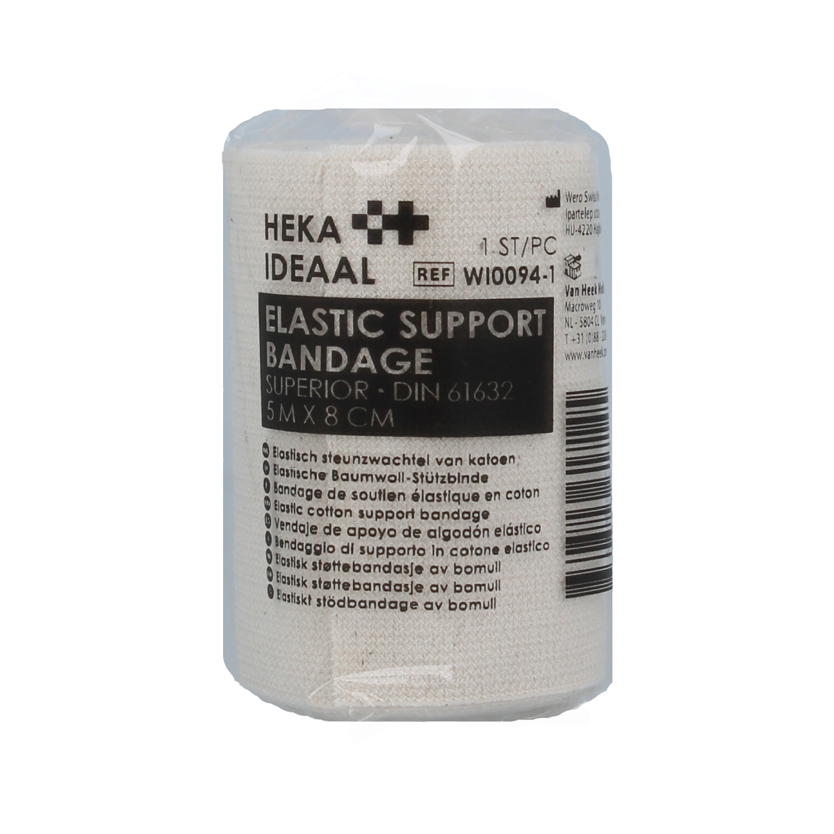 Heka Ideaal elastic support bandage 5m x 8cm rolled for compression and injury support, ideal for snelverbanden en zwachtels.