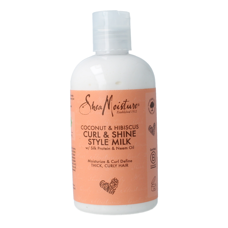 Shea Moisture Curl & Shine Style Milk with coconut and hibiscus, 254ml, Haarverzorging product for curly hair care.