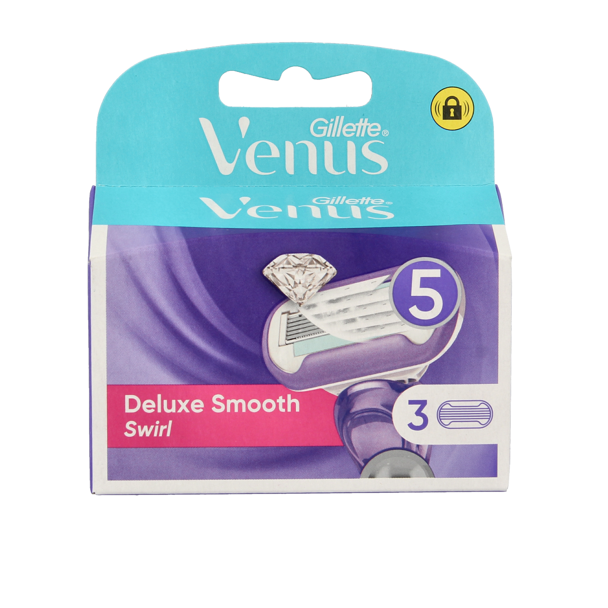 Gillette Venus Deluxe Smooth Sensitive razor pack with three replacement blades for gentle hair removal and sensitive skin.