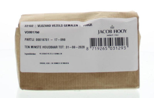 Jacob Hooy Vlozaad gemalen 250g, ground linseed fibers in a clear jar, part of kruiden, zouten en maaltijdmixen collection.