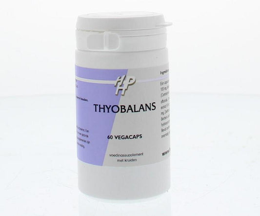 Holisan Thyobalans 60 capsules of herbal supplement in a white bottle with a label, designed for thyroid health support.