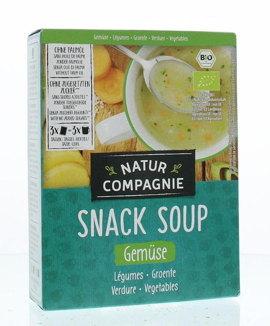 Natur Compagnie bio groente snack soep in 54g packet, showcasing fresh vegetable ingredients and packaging.