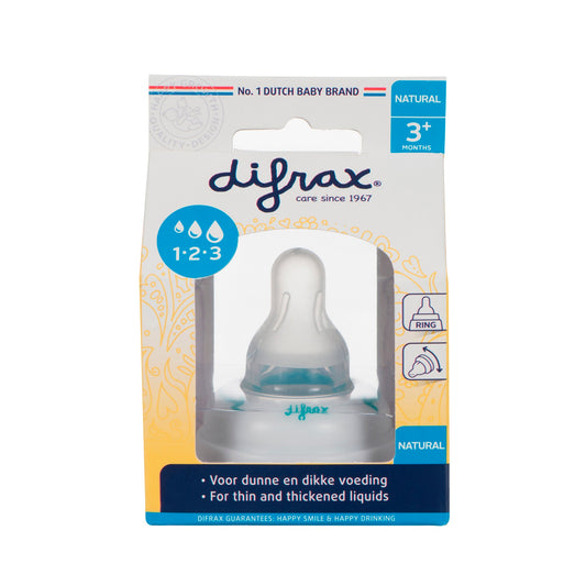 Difrax 1-2-3 Ring small and large size for baby bottles and teats, shown in a close-up image.