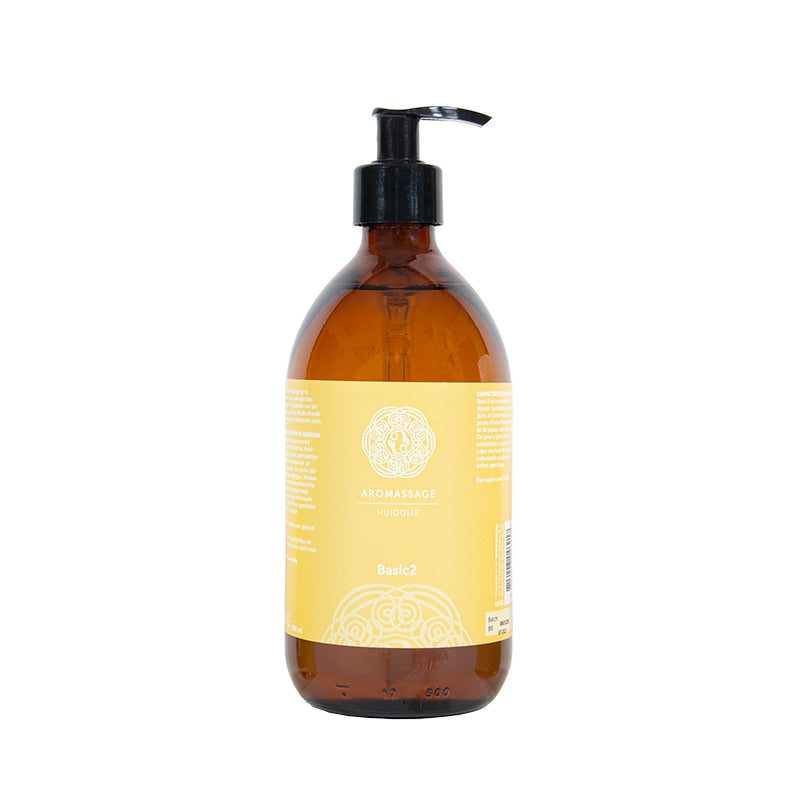 Chi Aromassage 1 Basic body care oil bottle, 500ml, with a clear label and sleek packaging for soothing massage and skin care.