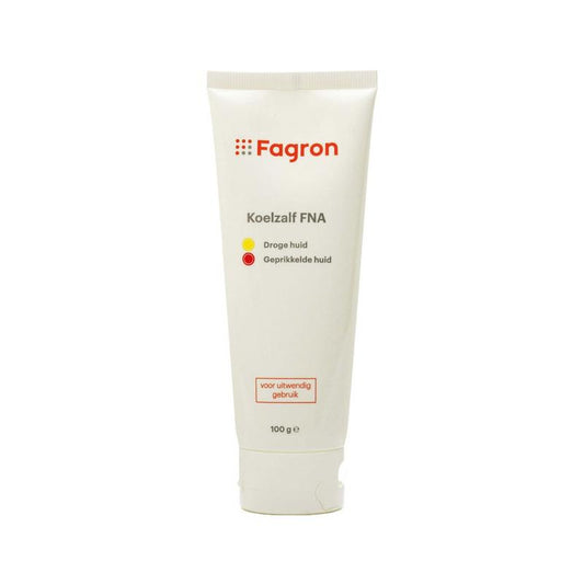 Fagron Koelzalf FNA 100g body care cream in a white tube with blue cap, designed for soothing skin care.