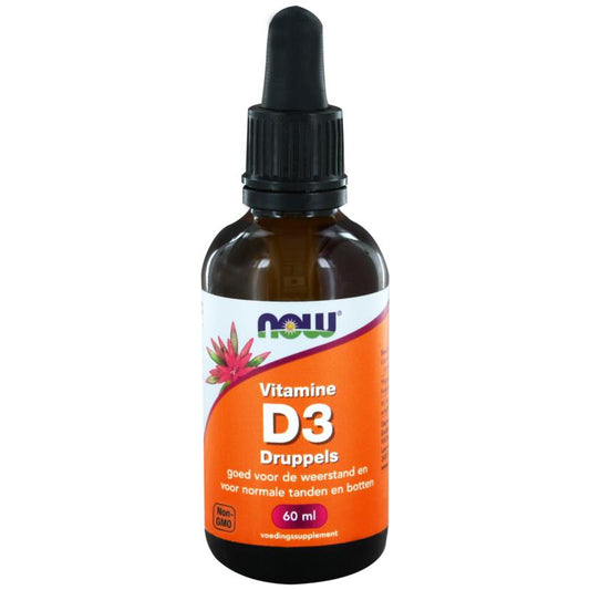 NOW Vitamin D3 drops 400IU in a 60ml bottle, natural supplement for bone and immune health.