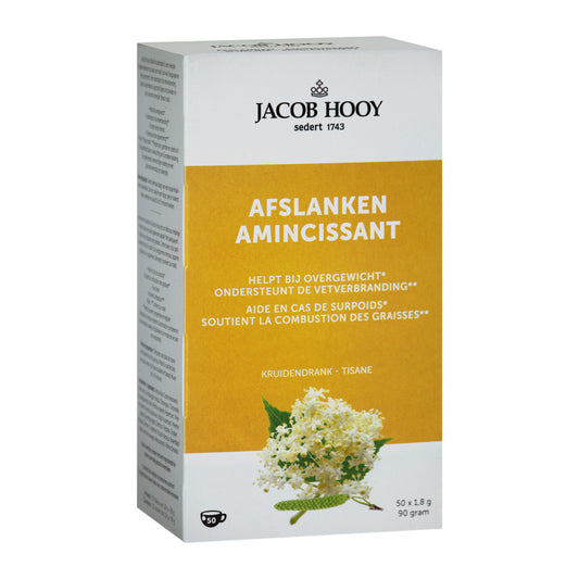 Jacob Hooy Ideaal weight loss herbal tea bag pack with 50 tea bags for slimming and detoxification.