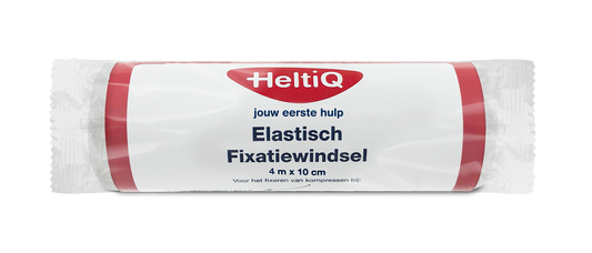 Heltiq elastic fixation bandage, 4m x 10cm, for supporting injuries, displayed on a plain background with its packaging.