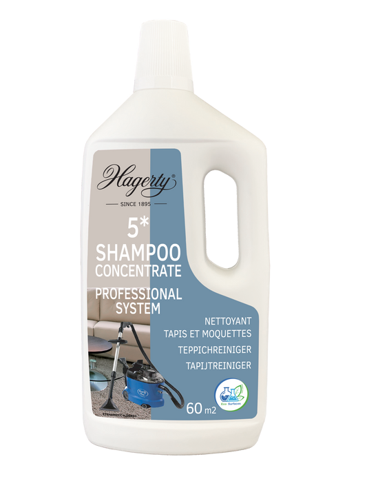 Hagerty Tapijtshampoo concentraat in 1-liter bottle, designed for cleaning carpets and upholstery effectively.