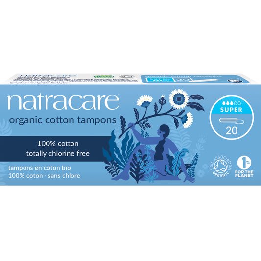 Natracare cotton super tampons, 20-pack, for women’s feminine hygiene, with natural, biodegradable material and discreet packaging.