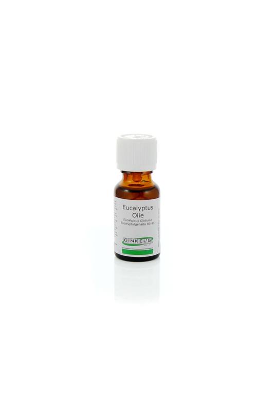 Ginkel's Eucalyptusolie 80-85% essential oil bottle, 15ml, with eucalyptus leaves and dropper for aromatherapy use
