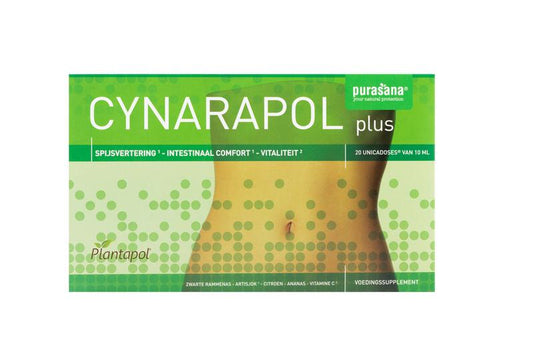 Purasana Plantapol Cynarapol plus herbal supplement ampoules, featuring natural plant-based ingredients in a clear vial.
