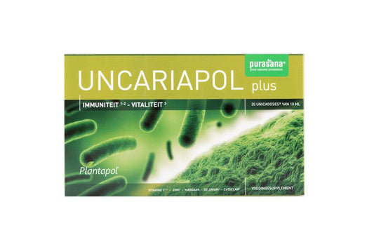 Purasana Plantapol Uncariapol Plus herbal supplement ampoules in a box, featuring green and white packaging with 20 ampoules.