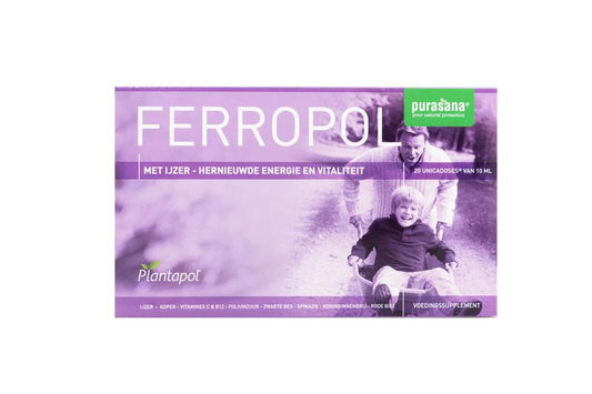 Purasana Plantapol Ferropol 20 ampoules of herbal supplement for natural iron and mineral support, displayed in a row.