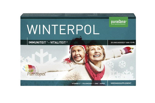 Purasana Plantapol Winterpol herbal supplement in a box with 20 ampoules, natural herbal remedy for seasonal support.