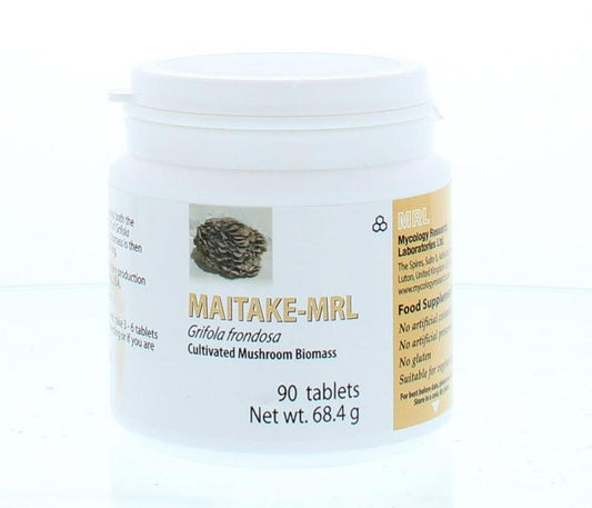 MRL Maitake herbal supplement in a bottle of 90 tablets, part of MRL's herbal preparations line, with label showing product details.