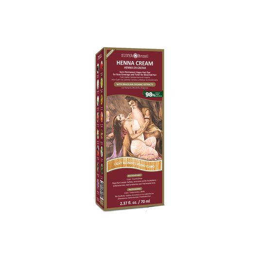 Surya Brasil Henna haarverf crème in licht blond, 70ml, showing tube of natural hair coloring product for light blonde shades.