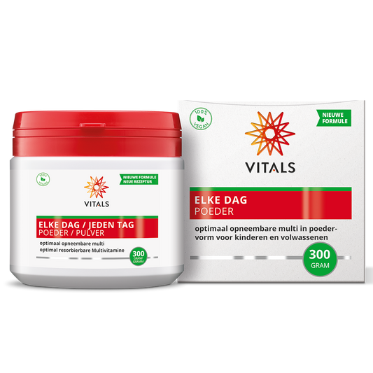 Vitals Elke Dag Poeder, 300g voedingssupplement in pot with label, natural herbal powder for daily health support.