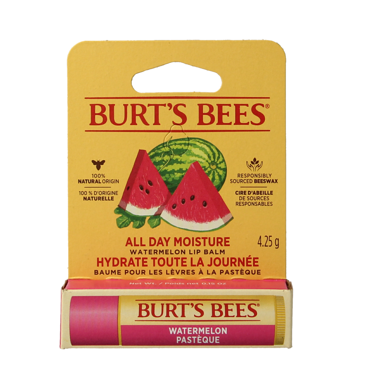Burt's Bees Watermelon Lip Balm in a 4.25g blister pack, natural lip care with watermelon flavor and moisturizing formula.
