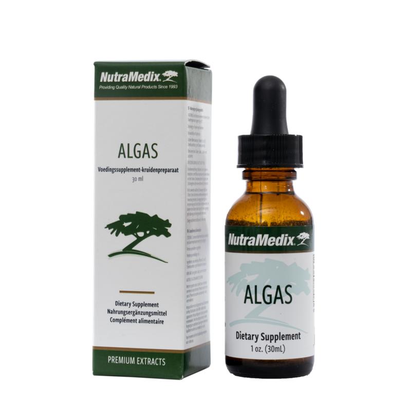 Nutramedix Algas herbal supplement in a 30ml bottle, featuring natural seaweed extract inside a clear glass container.