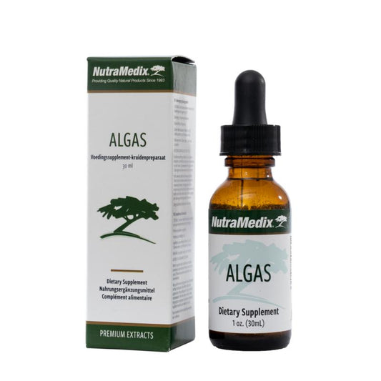 Nutramedix Algas herbal supplement in a 30ml bottle, featuring natural seaweed extract inside a clear glass container.