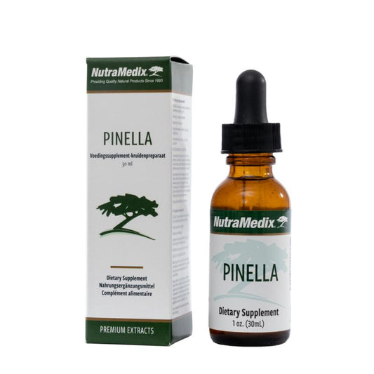 Nutramedix Pinella herbal tincture bottle, 30ml, part of Nutramedix kruidenpreparaten collection, with label and dropper cap visible.