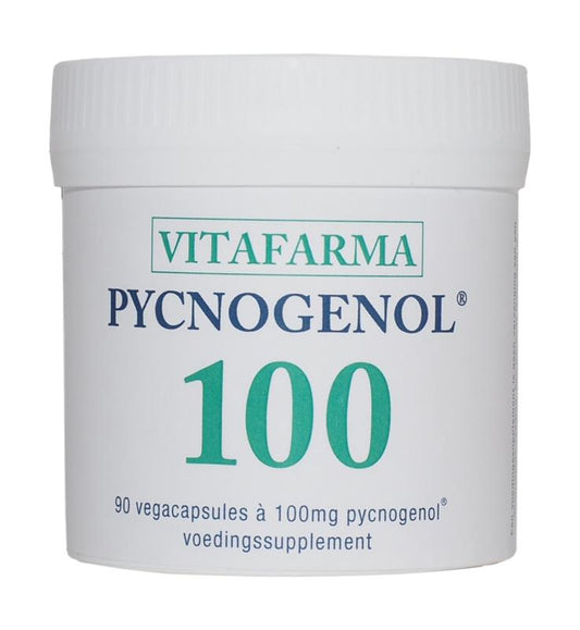 VitaFarma Pycnogenol 100 vegetarian capsules, herbal supplement in a clear bottle with yellow cap, labeled as kruidenpreparaten.