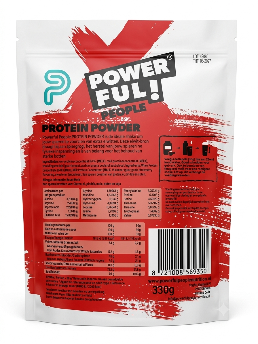 Powerful People strawberry protein powder container with amino acids, 330 grams, showing the product label from the back.