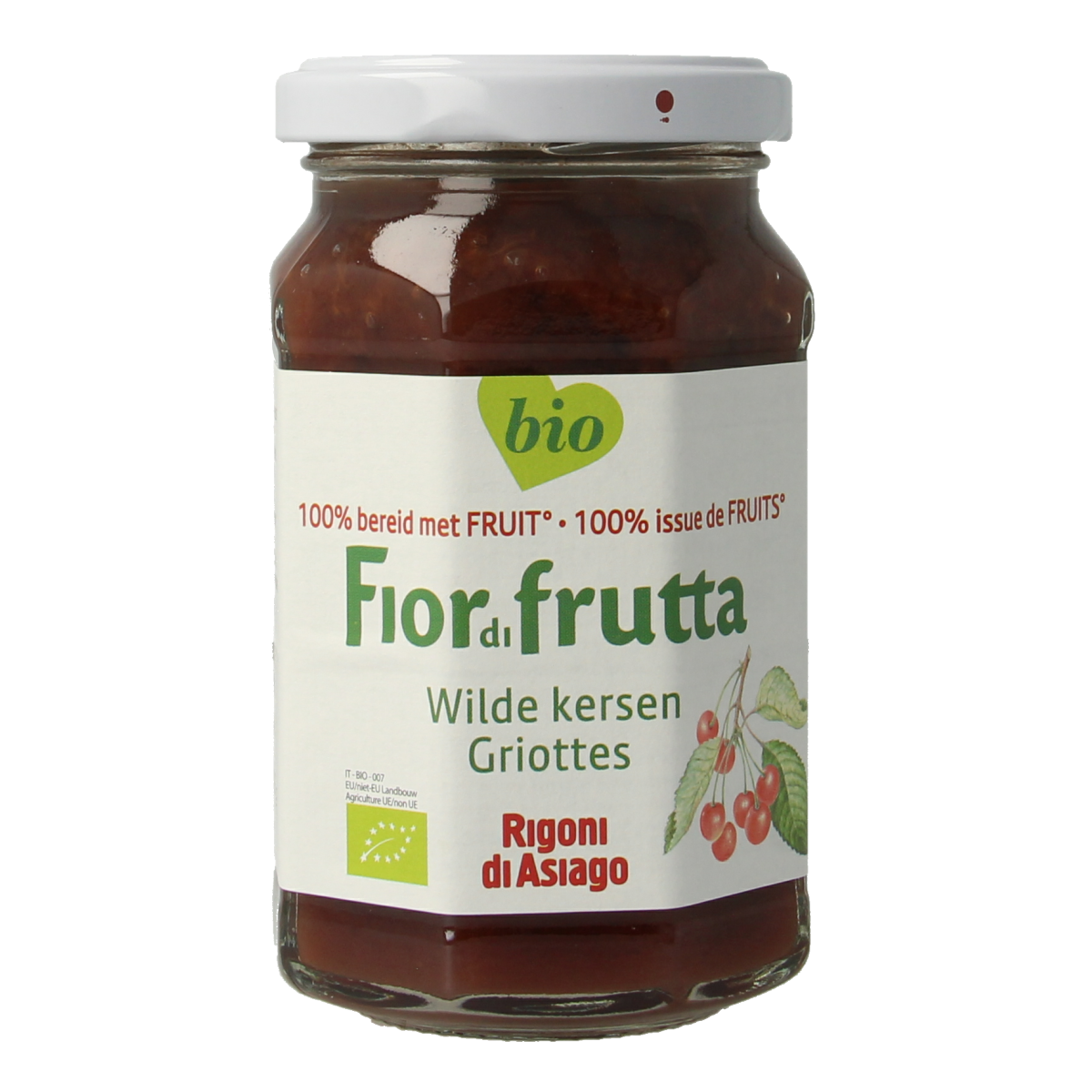 Fiordifrutta Wilde kersenjam bio 250g spread on bread, showcasing fresh cherry jam in a glass jar.