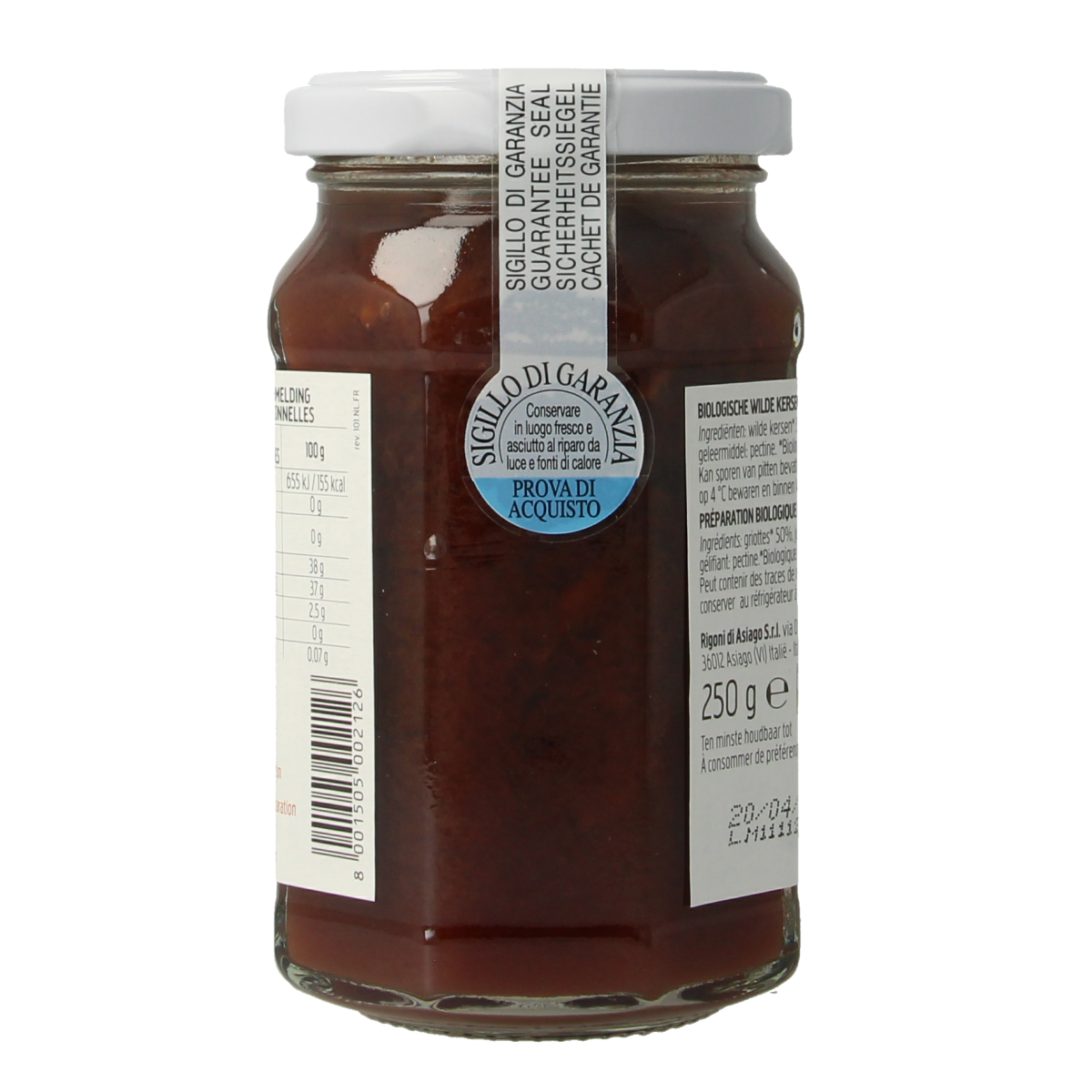 Fiordifrutta Wilde kersenjam bio spread on bread, showcasing deep red cherry jam with a smooth texture in a jar.