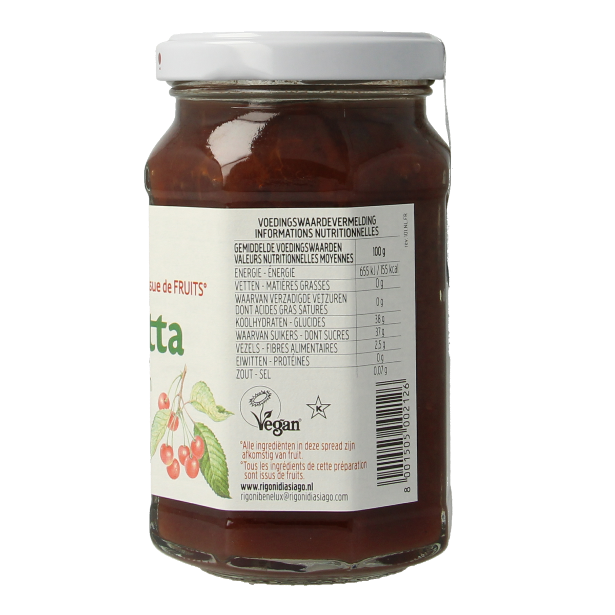 Fiordifrutta Wilde kersenjam bio spread on bread, showing glossy dark cherry jam with fresh fruit chunks in a jar.