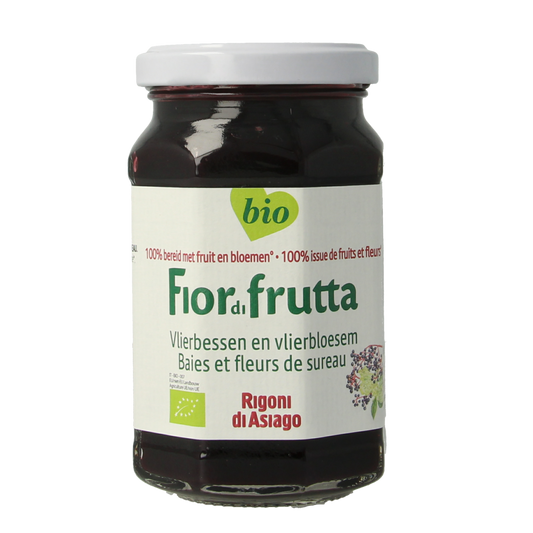 Fiordifrutta Vlierbloesem and elderberry jam spread on bread, organic fruit preserve in a 250g jar.