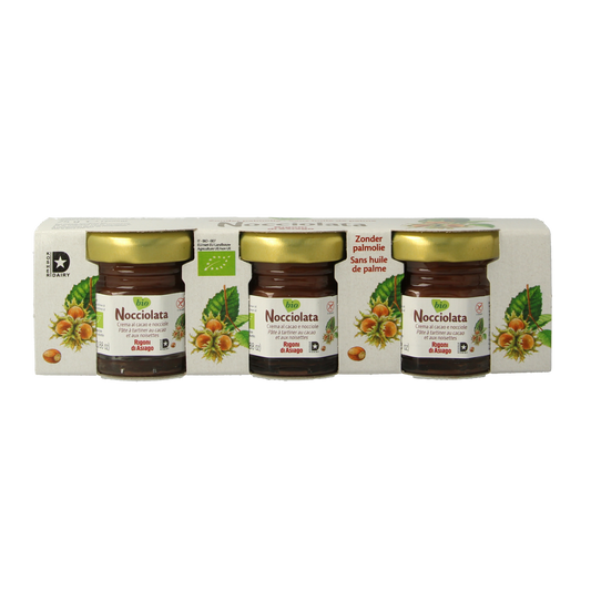 Nocciolata organic hazelnut chocolate spread on bread, 75g jar, creamy and rich with hazelnut and cocoa flavor.