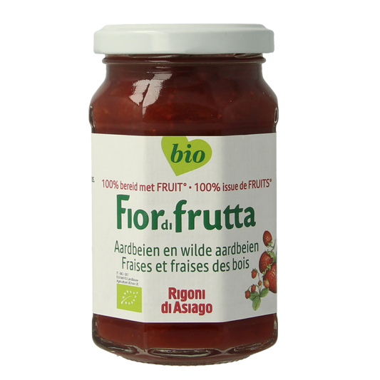 Fiordifrutta organic strawberry jam spread on bread, 250g jar, natural fruit preserves for breakfast or snacks.