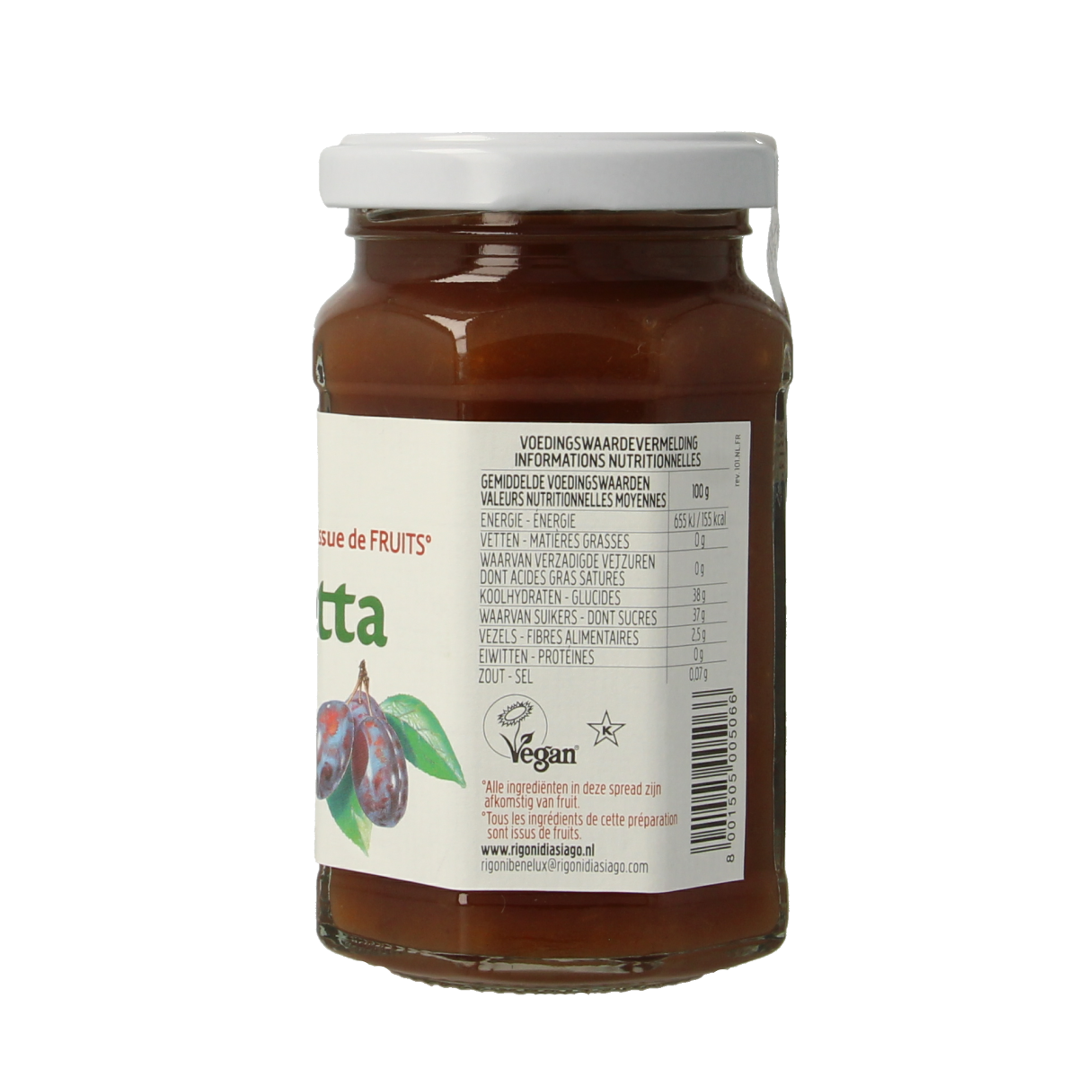 Fiordifrutta organic prune jam spread on bread, 250g jar with label, close-up of the fruit-filled jam in a glass jar.
