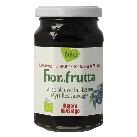 Fiordifrutta Blauwe bosbesjam bio 250g, natural blueberry jam spread on bread, made with organic ingredients.
