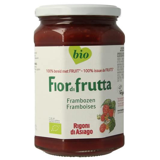 Jar of Fiordifrutta organic raspberry spread, 630 grams, with fresh raspberries and fruit spread texture visible in the image.