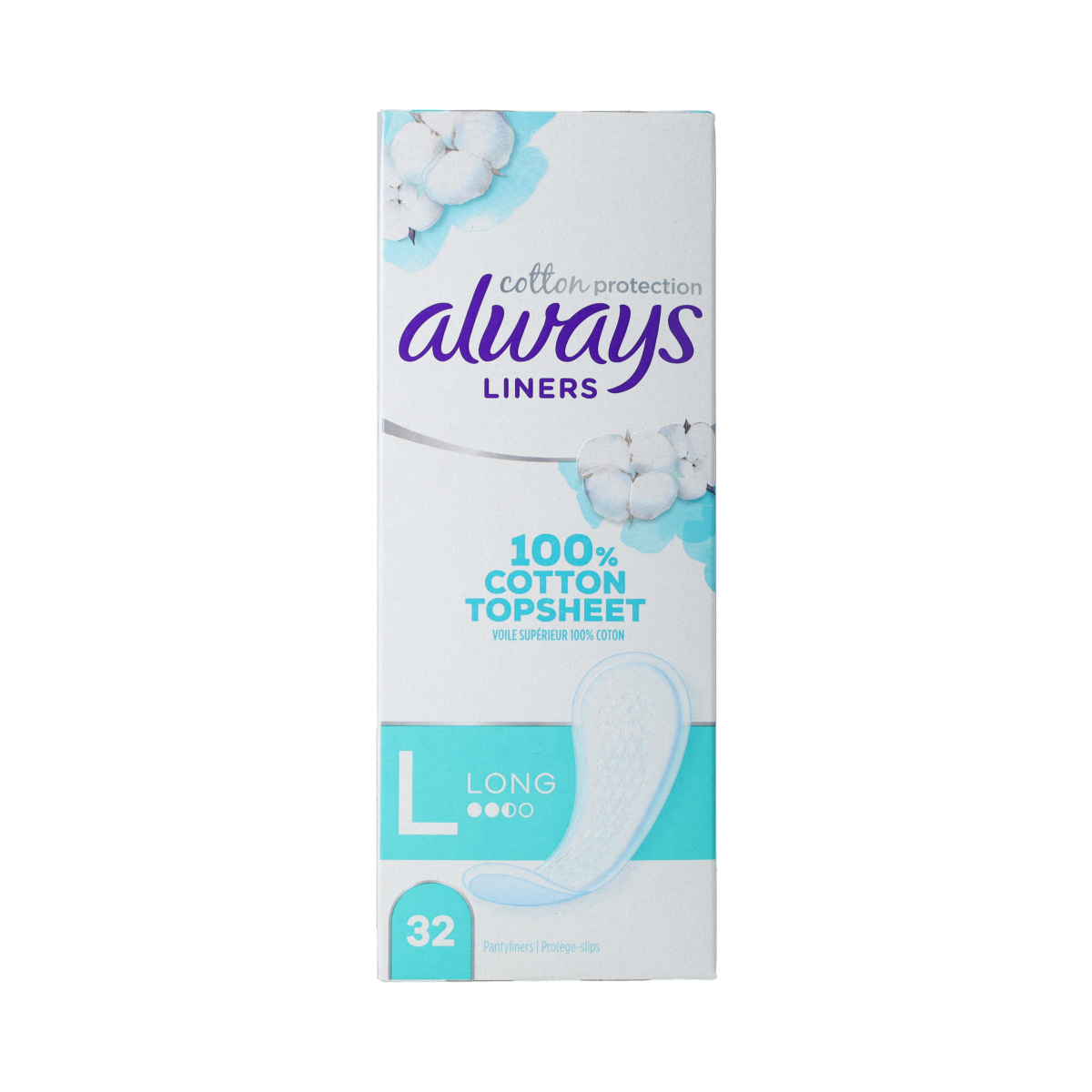 Always Dailies cotton protection inlegkruisjes large, feminine panty liners for daily use, 32-pack, soft cotton material.