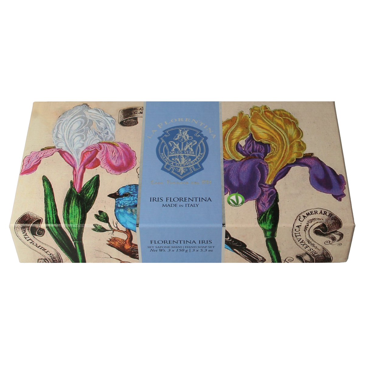 La Florentina Zeep iris soap bars, three pieces, with delicate iris scent and elegant packaging.