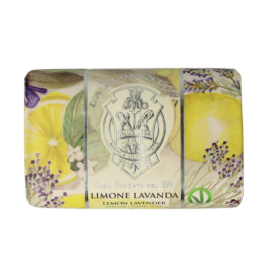 La Florentina citroen-lavendel Zeep bar, 200g, with yellow and purple soap showing citrus and lavender scent details.